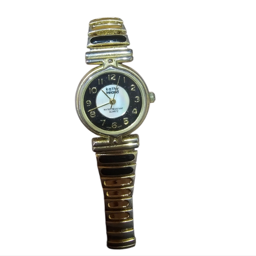 Vintage Kathy Ireland Gold Stretch Watch‎ Quartz Black White Dial – Untested
